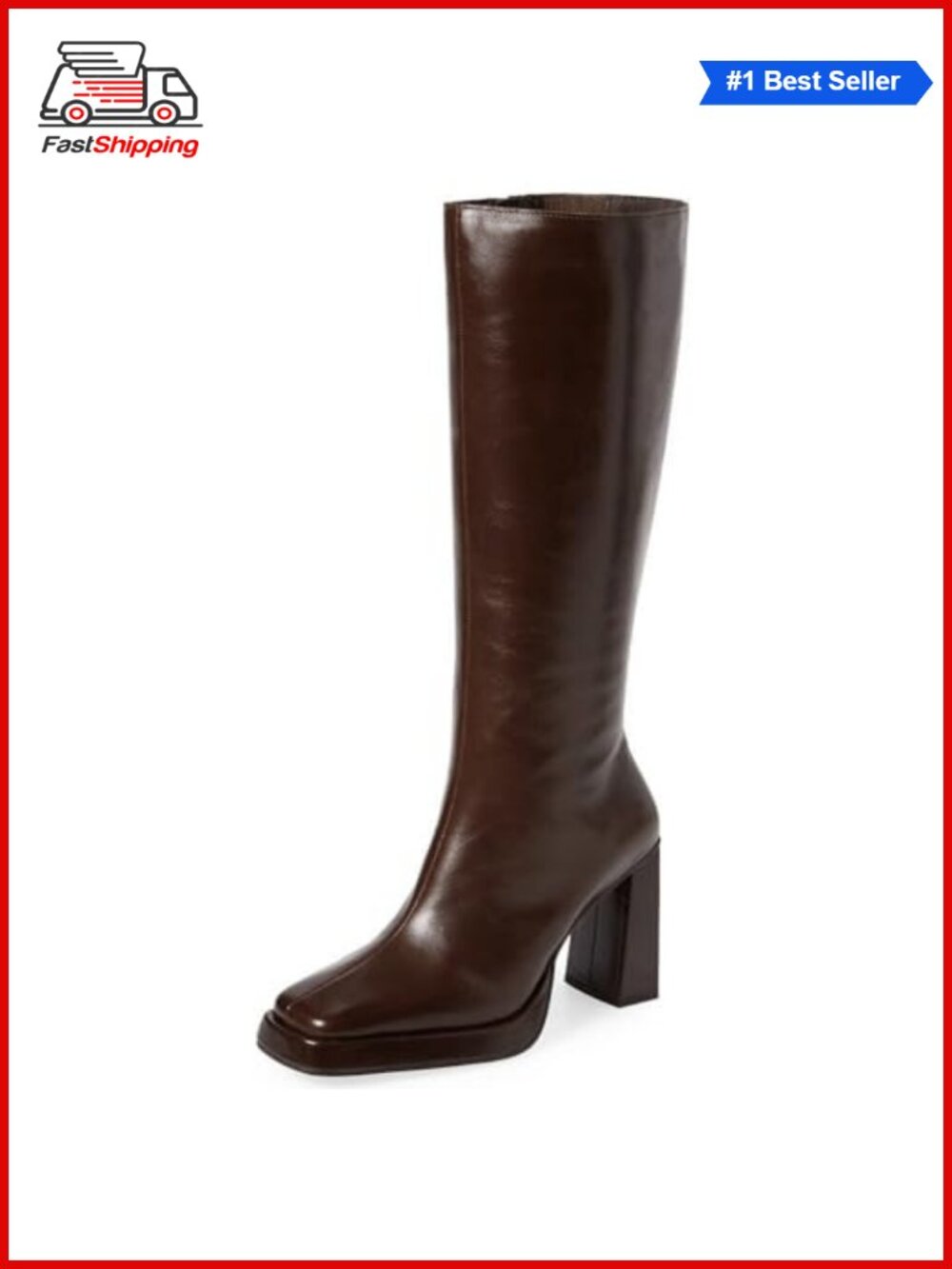 Faux Leather Knee High Platform Block Heel Boots Square Toe Side Zip Women